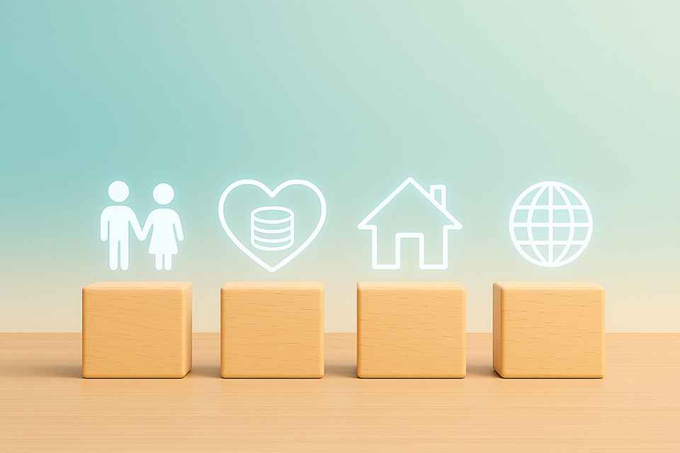 Icons zu Personen, Herz, Haus und Globus